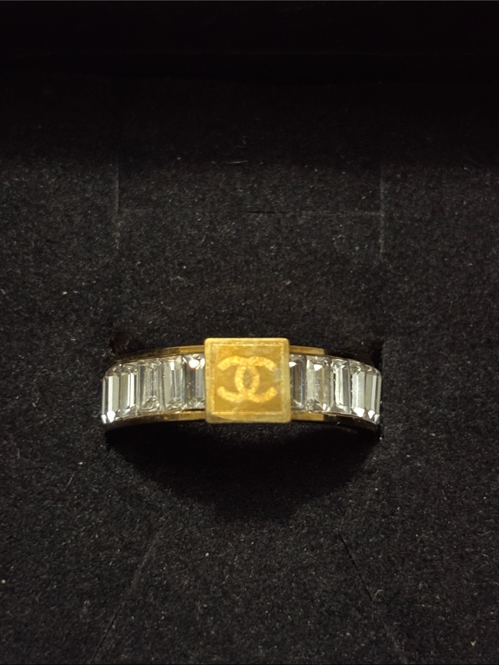 CC Gold-Tone Band Ring Accented with Clear Baguette Diamonds